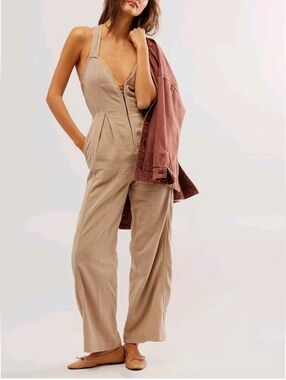 Free People What I Want One Piece SIZE 0 Oat Combo Khaki Cotton Overall EUC